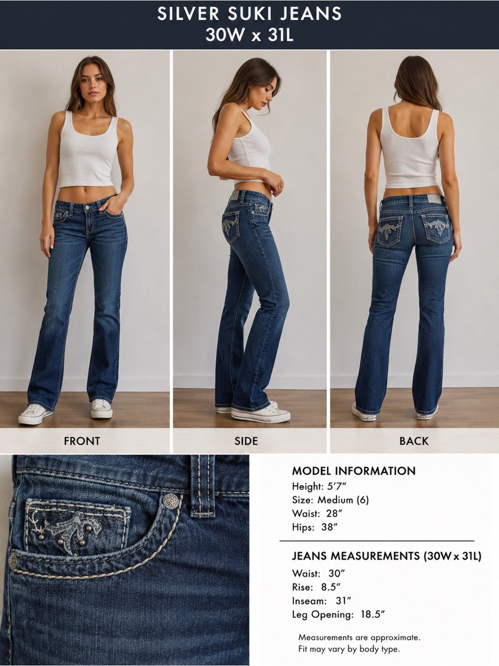 Silver Suki Slim Jeans 30x31 Dark Wash Embellished Bootcut Denim